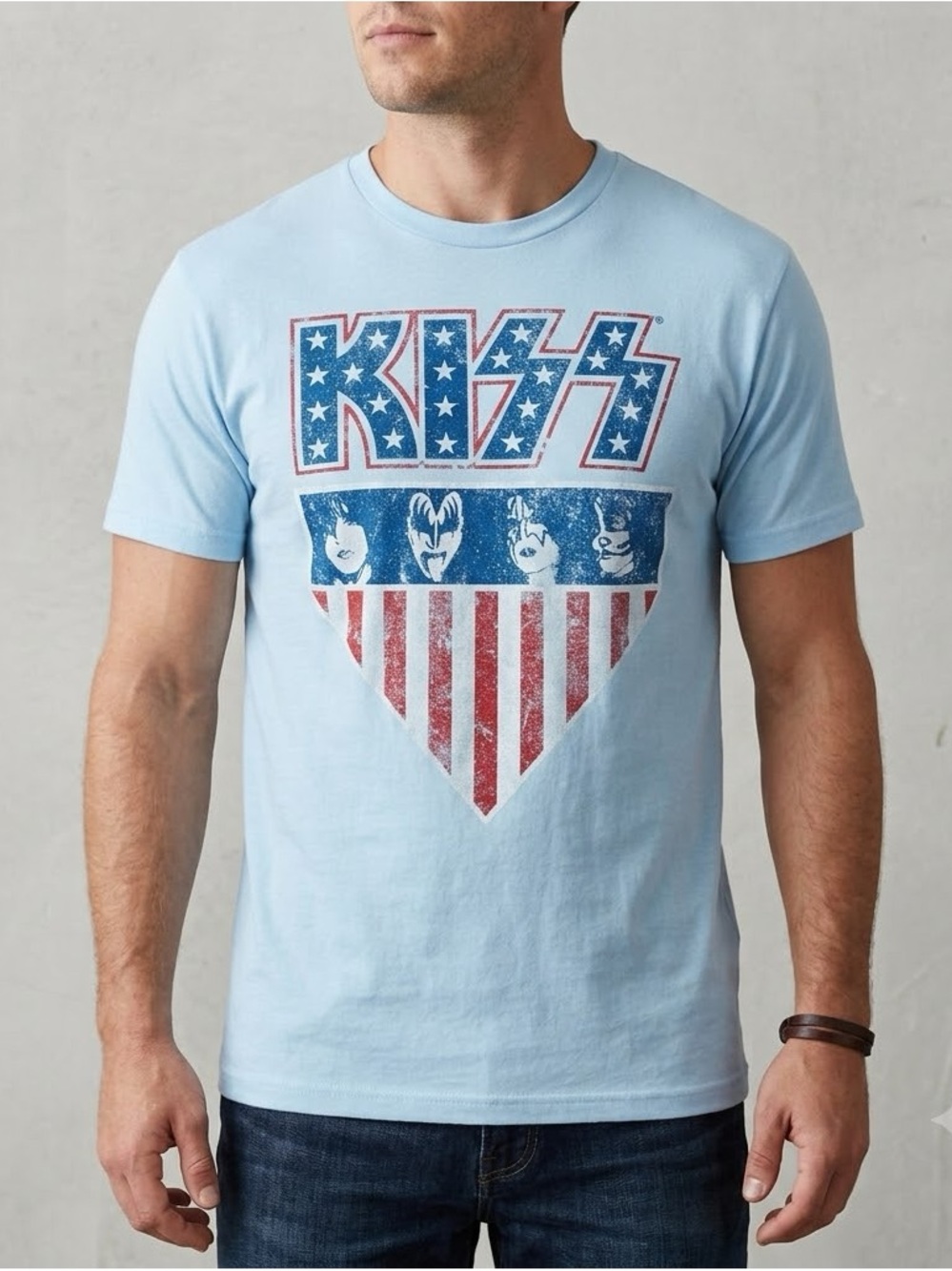 KISS Rock Band Americana Graphic Tee Light Blue Medium NWT